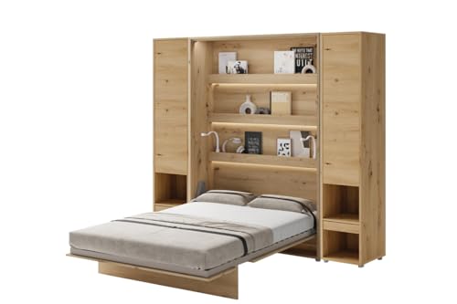 Friderik Set - Bed Concept BC-01 Wandklappbett Vertikales Schrankbett mit Matratze und LED-Beleuchtung, 140x200 cm + 2X Vertikalschrank BC-07 (Artisan-Eiche) von Friderik