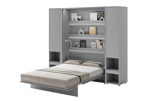 Friderik Set - Bed Concept BC-01 Wandklappbett Vertikales Schrankbett mit Matratze und LED-Beleuchtung, 140x200 cm + 2X Vertikalschrank BC-07 (Grau) von Friderik