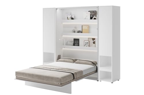 Friderik Set - Bed Concept BC-01 Wandklappbett Vertikales Schrankbett mit Matratze und LED-Beleuchtung, 140x200 cm + 2X Vertikalschrank BC-07 (Weiß) von Friderik