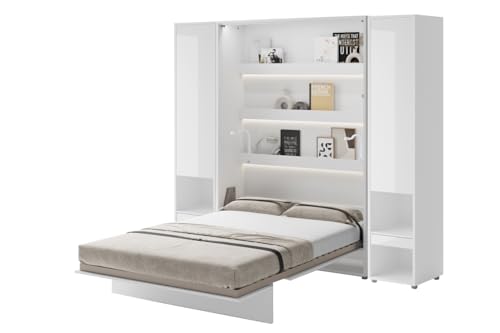 Friderik Set - Bed Concept BC-01 Wandklappbett Vertikales Schrankbett mit Matratze und LED-Beleuchtung, 140x200 cm + 2X Vertikalschrank BC-07 (Weiß Hochglanz) von Friderik