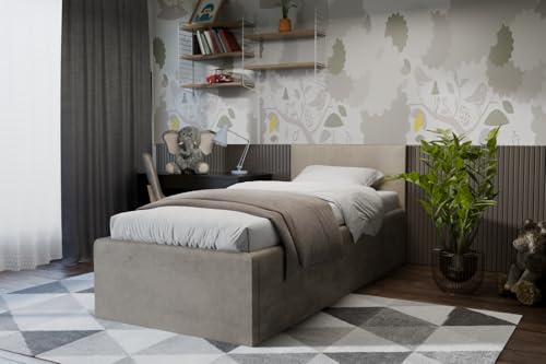 Polsterbett Dona – modernes Einzelbett mit Bettkasten & gepolstertem Kopfteil (Beige (Noble 02), 90x200 cm) von Friderik