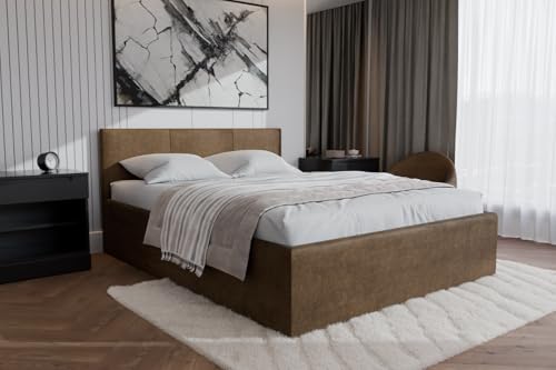 Polsterbett Dona – modernes Einzelbett mit Bettkasten & gepolstertem Kopfteil (Dunkelbeige (Noble 09), 160x200 cm) von Friderik