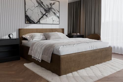 Polsterbett Dona – modernes Einzelbett mit Bettkasten & gepolstertem Kopfteil (Dunkelbeige (Noble 09), 180x900 cm) von Friderik
