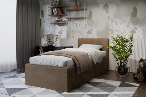 Polsterbett Dona – modernes Einzelbett mit Bettkasten & gepolstertem Kopfteil (Dunkelbeige (Noble 09), 90x200 cm) von Friderik