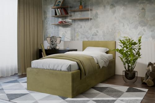 Polsterbett Dona – modernes Einzelbett mit Bettkasten & gepolstertem Kopfteil (Olive (Noble 38), 90x200 cm) von Friderik
