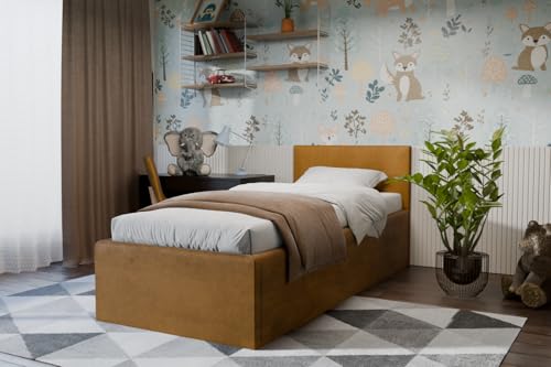 Polsterbett Dona – modernes Einzelbett mit Bettkasten & gepolstertem Kopfteil (Senf (Noble 48), 90x200 cm) von Friderik