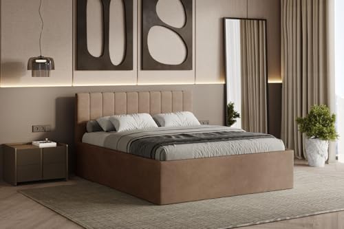 Polsterbett RETTAN 160/180x200 cm – modernes Doppelbett mit Bettkasten & gepolstertem Kopfteil (Dunkelbeige (Noble 09), 180x200 cm) von Friderik
