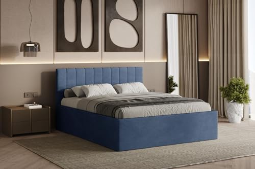 Polsterbett RETTAN 160/180x200 cm – modernes Doppelbett mit Bettkasten & gepolstertem Kopfteil (Dunkelblau (Noble 77), 160x200 cm) von Friderik