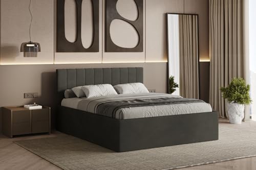 Polsterbett RETTAN 160/180x200 cm – modernes Doppelbett mit Bettkasten & gepolstertem Kopfteil (Dunkelgrau (Noble 95), 180x200 cm) von Friderik