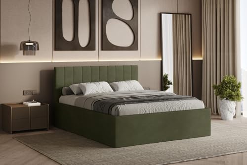 Polsterbett RETTAN 160/180x200 cm – modernes Doppelbett mit Bettkasten & gepolstertem Kopfteil (Olive (Noble 38), 160x200 cm) von Friderik