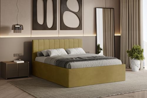 Polsterbett RETTAN 160/180x200 cm – modernes Doppelbett mit Bettkasten & gepolstertem Kopfteil (Senf (Noble 48), 160x200 cm) von Friderik