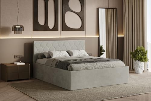 Polsterbett Radius 160/180x200 cm – modernes Doppelbett mit Bettkasten & gepolstertem Kopfteil (Beige (Noble 02), 160x200 cm) von Friderik