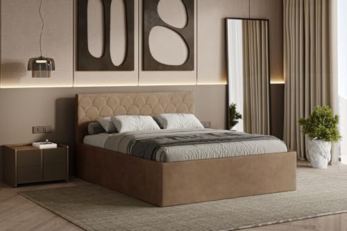 Polsterbett Radius 160/180x200 cm – modernes Doppelbett mit Bettkasten & gepolstertem Kopfteil (Dunkelbeige (Noble 09), 160x200 cm) von Friderik