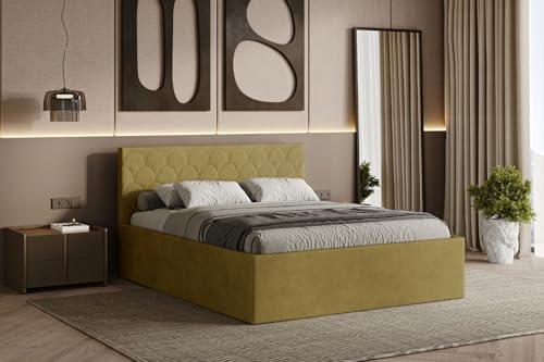 Polsterbett Radius 160/180x200 cm – modernes Doppelbett mit Bettkasten & gepolstertem Kopfteil (Senf (Noble 48), 180x200 cm) von Friderik