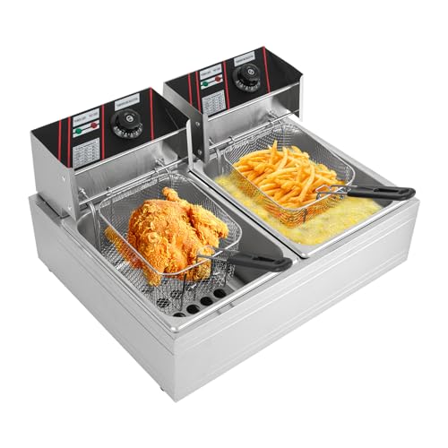 Fridgestea Edelstahl Doppel-Fritteuse 6L * 2 mit Unabhängige Steuerung, Doppeltank Fritteuse mit Thermostat 60-200°C, Professionell Elektrische Fritteuse Korb mit Deckel für Restaurants/Imbissbuden von Fridgestea