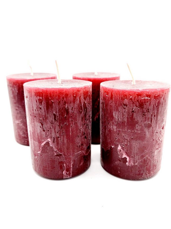 Friedrich Klocke GmbH Adventskerze 4er Set Adventskerzen Stumpenkerzen in bordeaux rustik rot (Kerzen für die dunkle Jahreszeit für ein gemütliches Wohnambiente, 4er Set in rustic rot), selbstlöschend, konstanter Abbrand, rustic von Friedrich Klocke GmbH