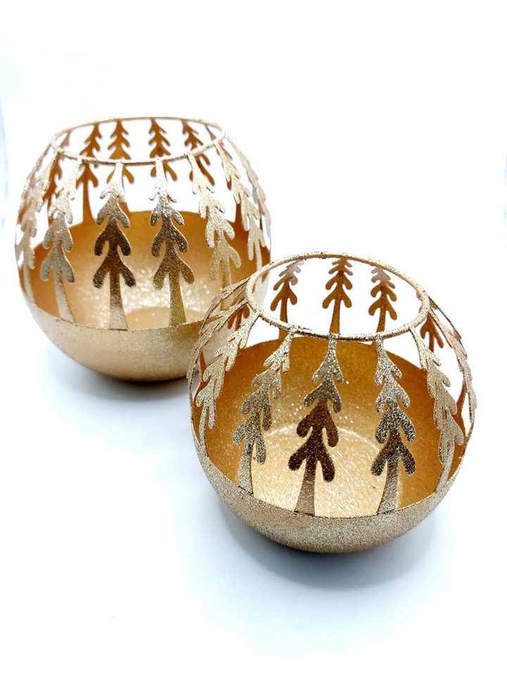 Vosteen Teelichthalter Weihnachtsdekoration 2er Teelichthalter gold glänzend Windlichter rund (Spar Set, 2 Stück, groß und klein, 2er Set), aus Metall, mit Glitzer, Tannenbaum, Christbaum von Vosteen