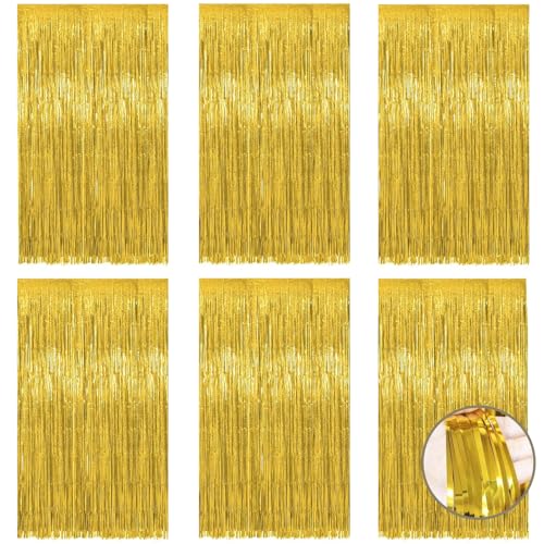 6 Stück Gold Lametta Vorhang mit Glitzerfolien (Metallic-Effekt) - 1m x 2m, Folien Fransen Hintergrund, für Weihnachten/Silvester, Disco-Party, Fotohintergrund & Festdeko (Hochzeit, Geburtstag)‌ von Friedwohl