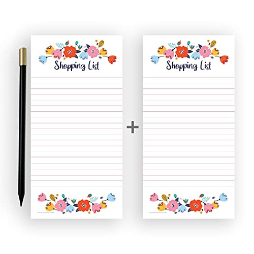 Friendly Fox magnetischer Notizblock, 1x Magnetblock Kühlschrank mit 50 Einkaufszettel magnetisch & Bleistift, to-do listen Block DIN lang, Blumen Doppelpack von Friendly Fox