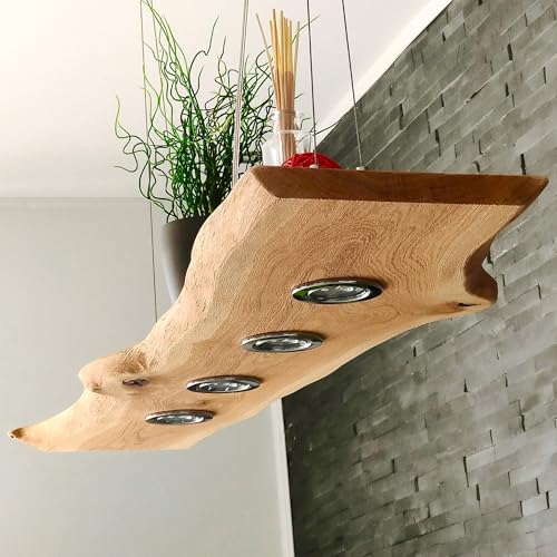 FRIESENLICHT TESSA LED Hängelampe Esstisch Pendelleuchte Holz Rustikal mit Baumkante Dimmbar Pendellampe Hängeleuchte mit Baumkante Esstischlampe Wildeiche (120 cm/ 5 Spots) von FRIESENLICHT