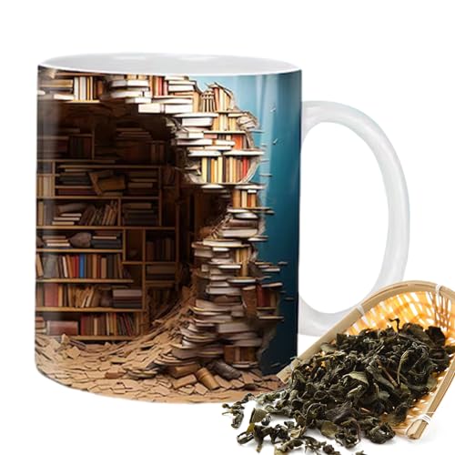 Frifer 3D-Bücherregal-Tasse für Buchliebhaber, 3D-Bücher-Teetasse aus Keramik, 3D-Bücherregal-Kaffeetasse, Buchclub-Tasse mit literarischem Muster für die Heimbibliothek von Frifer