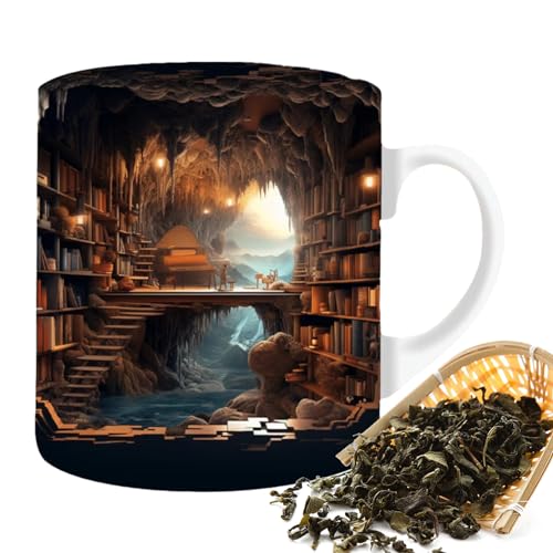 3D-Bücherregal-Tasse für Buchliebhaber, 3D-Bücher-Teetasse aus Keramik, 3D-Bücherregal-Kaffeetasse, Buchclub-Tasse mit literarischem Muster für die Heimbibliothek von Frifer