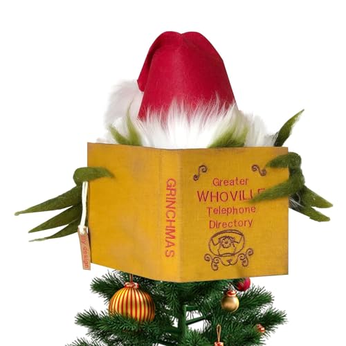 Weihnachtsbaumspitze, Hut-Dekorationen, lustige grüne Monster-Zylinder-Baumspitze, Weihnachtsmann-Zwerg-Ornamente, Plüschpuppen-inspirierte Dekoration für Zuhause, Party, Weihnachtsbaum von Frifer