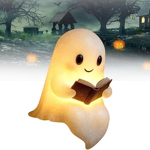 Ghost Reading Book Lamp, 2025 Neu Niedliche Geister-Leselampe, 3D-LED-Geister Statue Nachtlicht Halloween Deko Led Geist Lampe Halloween-Dekoration für Schlafzimmer Badezimmer Bücherregal (21cm) von FristSnow
