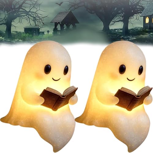 Ghost Reading Book Lamp, 2025 Neu Niedliche Geister-Leselampe, 3D-LED-Geister Statue Nachtlicht Halloween Deko Led Geist Lampe Halloween-Dekoration für Schlafzimmer Badezimmer Bücherregal (15cm*2PC) von FristSnow