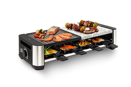 FRITEL RSG 3280 Raclette Steingrill - 2 in 1 Backblech - Steingrill und Raclette-Funktion - Wendegrillplatte - 8 Pfännchen und Spatel - 2 bis 8 Personen von Fritel