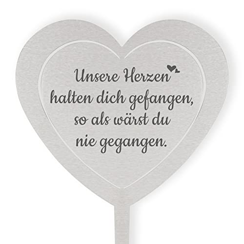 DOLORINO Grabstecker Edelstahl Herz mit Spruch | Unsere Herzen halten Dich gefangen | Grabschmuck | in Liebe für einen geliebte Menschen | eine wetterfeste Erinnerung aus Edelstahl von Fritz Cox