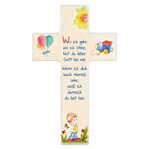 Fritz Cox Kinderkreuz mit Spruch | Wo ich gehe, wo ich stehe | christliches Geschenk | buntes Kinderkreuz mit Junge von Fritz Cox