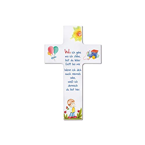 Fritz Cox Kinderkreuz mit Spruch | Wo ich gehe, wo ich stehe | christliches Geschenk | buntes Kinderkreuz mit Jungen | in Geschenkverpackung | 20cm, Junge, weiss von Fritz Cox