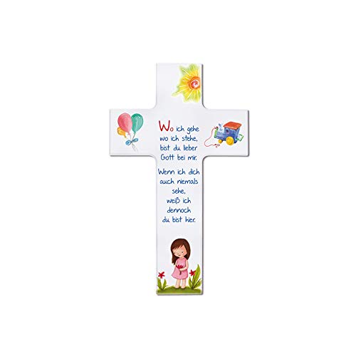 Fritz Cox Kinderkreuz mit Spruch | Wo ich gehe, wo ich stehe | christliches Geschenk | buntes Kinderkreuz mit Mädchen oder Jungen | in Geschenkverpackung | 20cm, Mädchen, weiss von Fritz Cox