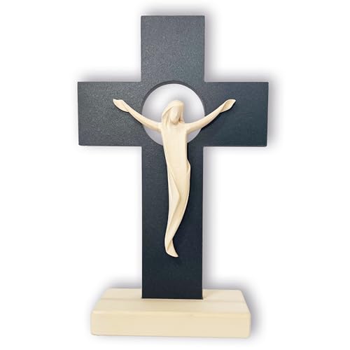FRITZ COX modernes Stehkreuz aus Feinstein in Schieferoptik und Ahorn | Handgefertigt mit Holzsockel | Stabiler Stand | Filzbezug | 23cm von Fritz Cox