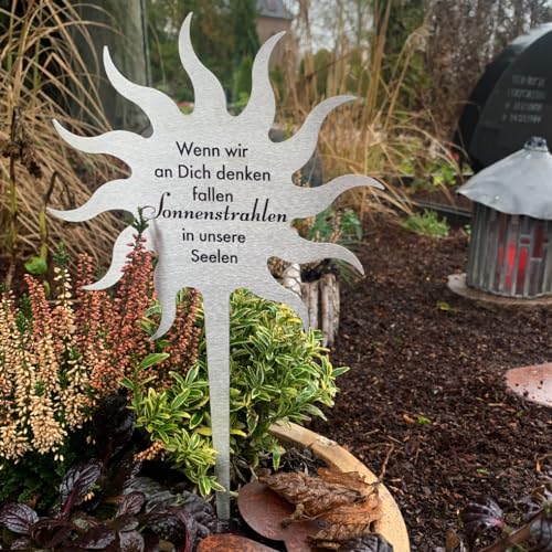 Dolorino Fritz Cox Grabstecker Sonne Wenn wir an Dich Denken, Fallen Sonnenstrahlen in unsere Seelen | aus wetterfestem Edelstahl | liebevolle Erinnerung fürs Grab oder Zuhause (einteilig) von Dolorino