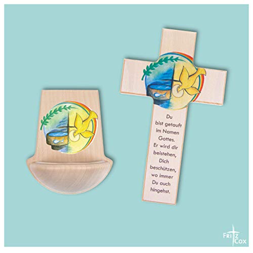 Fritz Cox® - Holzkreuz zur Taufe - perfektes Taufgeschenk (20cm, mit Weihkessel natur) von Fritz Cox