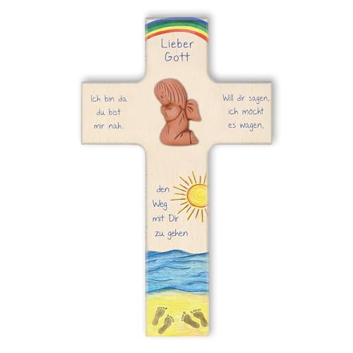 Fritz Cox® Taufkreuz 'Ich Bin da du bist Mir nah' Kinder-Holz-Kreuz mit Engel 20cm (Tonengel) von Fritz Cox