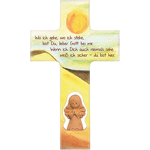Fritz Cox® 'Wo ich gehe, wo ich stehe' Kinder-Holz-Kreuz mit Engel 20cm (Tonengel) von Fritz Cox