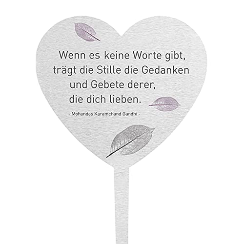 Fritz Cox DOLORINO Grabstecker Herz 'Wenn es Keine Worte gibt, trägt die Stille die Gedanken und Gebete derer, die Dich lieben' | aus wetterfestem Edelstahl | würdevoller Grabschmuck | ca. 38x15cm von Fritz Cox