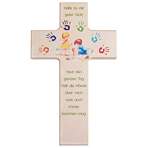 Fritz Cox Kreuz für Kinder aus Holz, natur | Gott beschütze mich | spielende Kinder unter einem Regenbogen von bunten Händen | Taufgeschenk für Jungen & Mädchen | 15cm von Fritz Cox