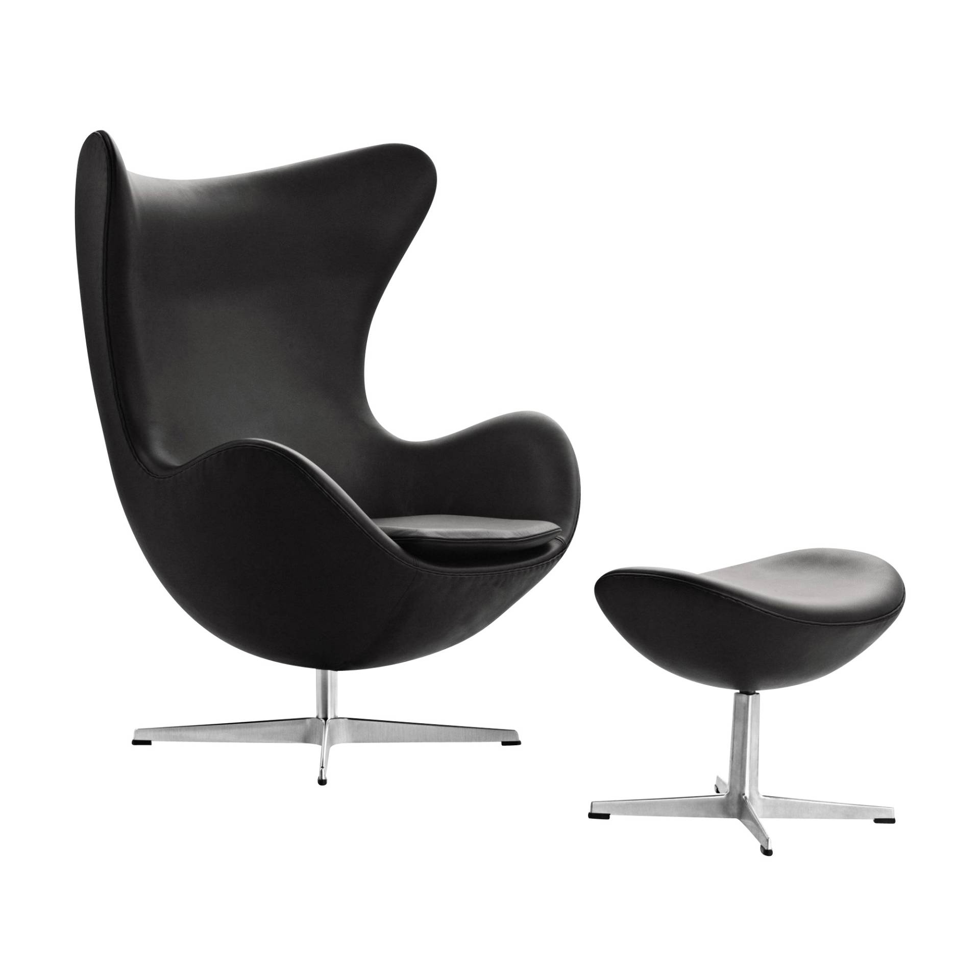 Fritz Hansen - Aktion Egg Chair/Das Ei™ Sessel + Hocker Leder - schwarz/Aura Leder/Gestell Aluminium satinpoliert/Sessel 86x107x79-95cm/Hocker 56x40x3 von Fritz Hansen