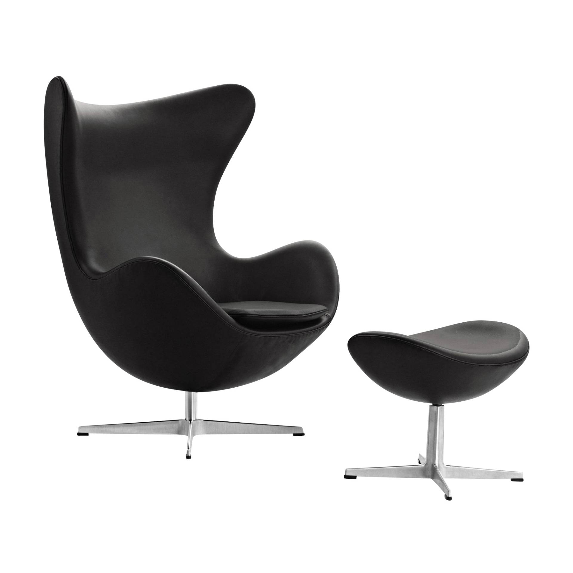 Fritz Hansen - Aktion Egg Chair/Das Ei™ Sessel + Hocker Leder - schwarz/Essential Leder/Gestell Aluminium satinpoliert/Sessel 86x107x79-95cm/Hocker 56 von Fritz Hansen