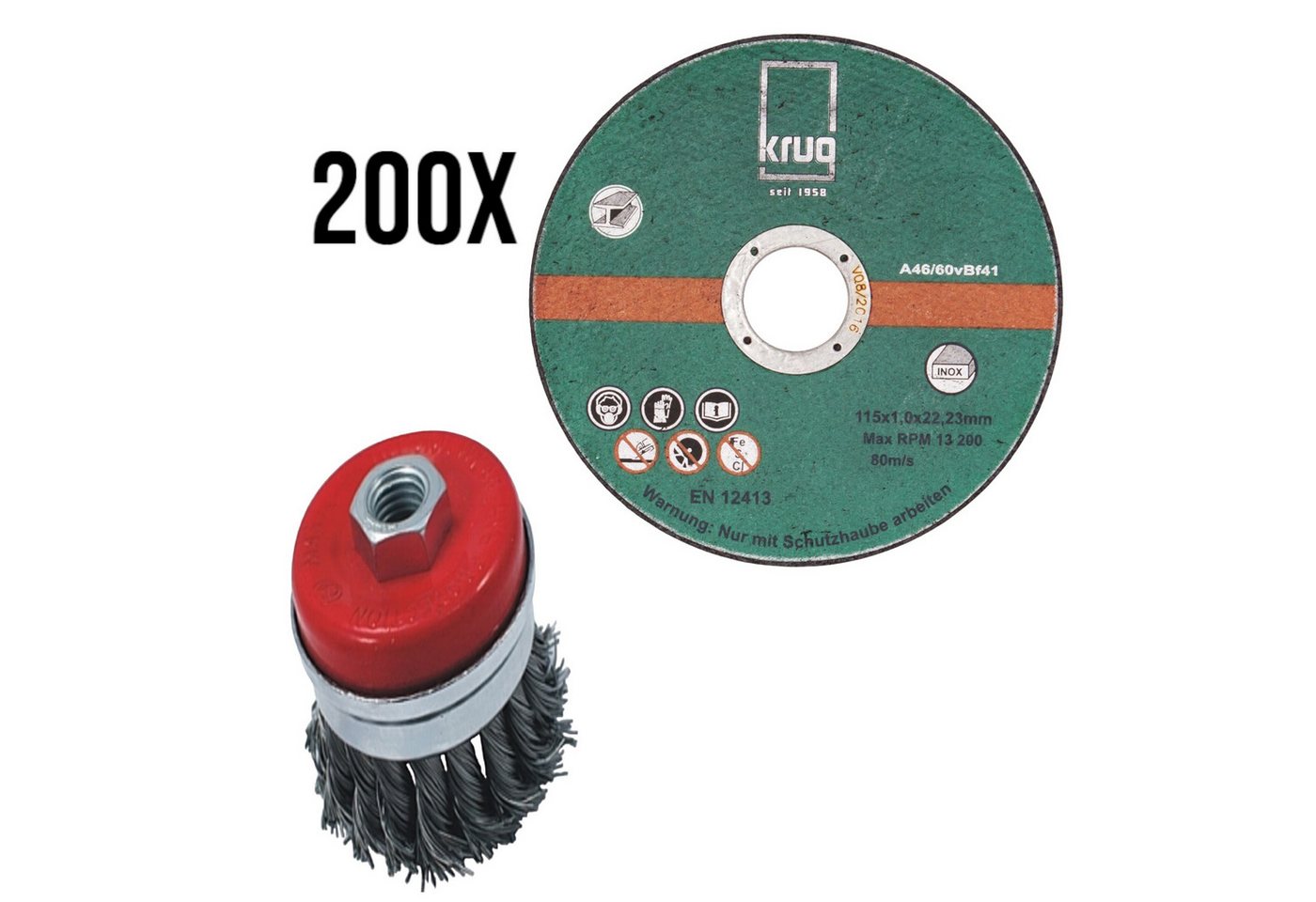 Fritz Krug Bohrersatz SET 1x Topfbürste, gezopft, Stahl M14 + 200 x Trennscheibe INOX 125 Fritz Krug Bohrersatz SET 1x Topfbürste, gezopft, Stahl M14 + 200 x Trennscheibe INOX 125 von Fritz Krug