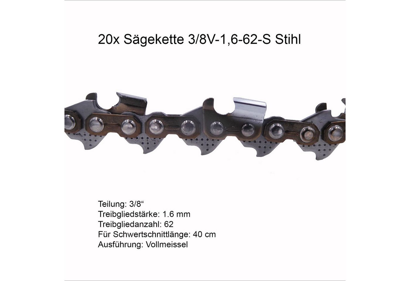 Fritz Krug Ersatzkette 20 Stück Stihl RSC Sägekette 3/8 1.6 mm 62 TG Vollmeissel, 3/8V von Fritz Krug