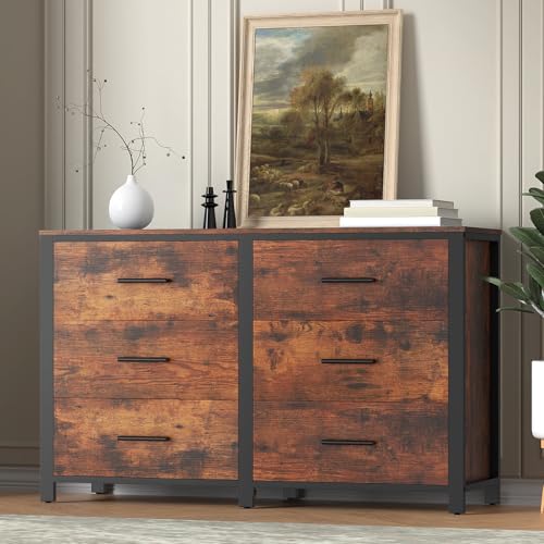 Frmobepts Rustikale braune Kommode für Schlafzimmer, breite Holzkommoden mit 6 Holzschubladen und Metallrahmen, TV-Ständer mit tiefer Schublade (Rustic Brown) von Frmobepts