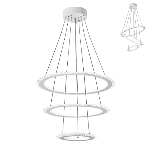 Froadp 128W Kronleuchter LED Pendelleuchte Kristall Hängeleuchte Moderne Deckenleuchte Drei Ringe Hängelampe Höehenverstellbar Deckenlampe für Schlafzimmer Wohnzimmer Esszimmer Flur (Kaltweiß) von Froadp