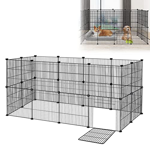 Froadp 142x72x72cm Freigehege Kaninchen Haustier Laufstall aus Metall 24tlg Gittergehege mit Tür Meerschweinchen Gehege Freilaufgehege Kleintierkäfig Für Welpen Hamster Igel (Schwarz) von Froadp