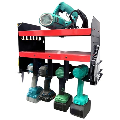 Froadp 2 Ebenen Werkzeugspeicher 43x22.5x30.5cm Wandhalterung Werkzeugwand für Schlagbohrschrauber Bohrhalter Werkzeugregal Organizer für 4 Elektrowerkzeug mit seitlichem Schraubendreher Gestell von Froadp