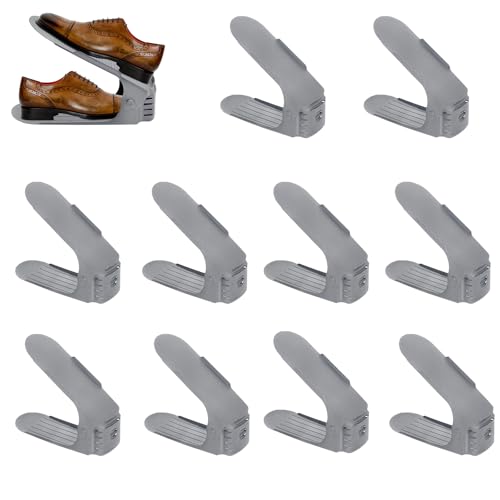 Froadp 20 Stück Einstellbare Schuhregale rutschfest Schuhhalter 3 Höhenverstellbar PP Doppelschicht Schuhstapler Set Platzsparend Schuhaufbewahrung(Grau) von Froadp
